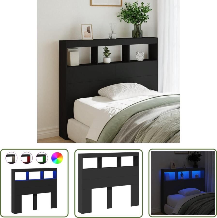 The Living Store Hoofdbord LED-verlichting 120 x 17 x 102 cm Zwarte bewerkt houten kast Hoofdbord Led Verlichting Bed Frame Slaapkamers Bedroom Furniture