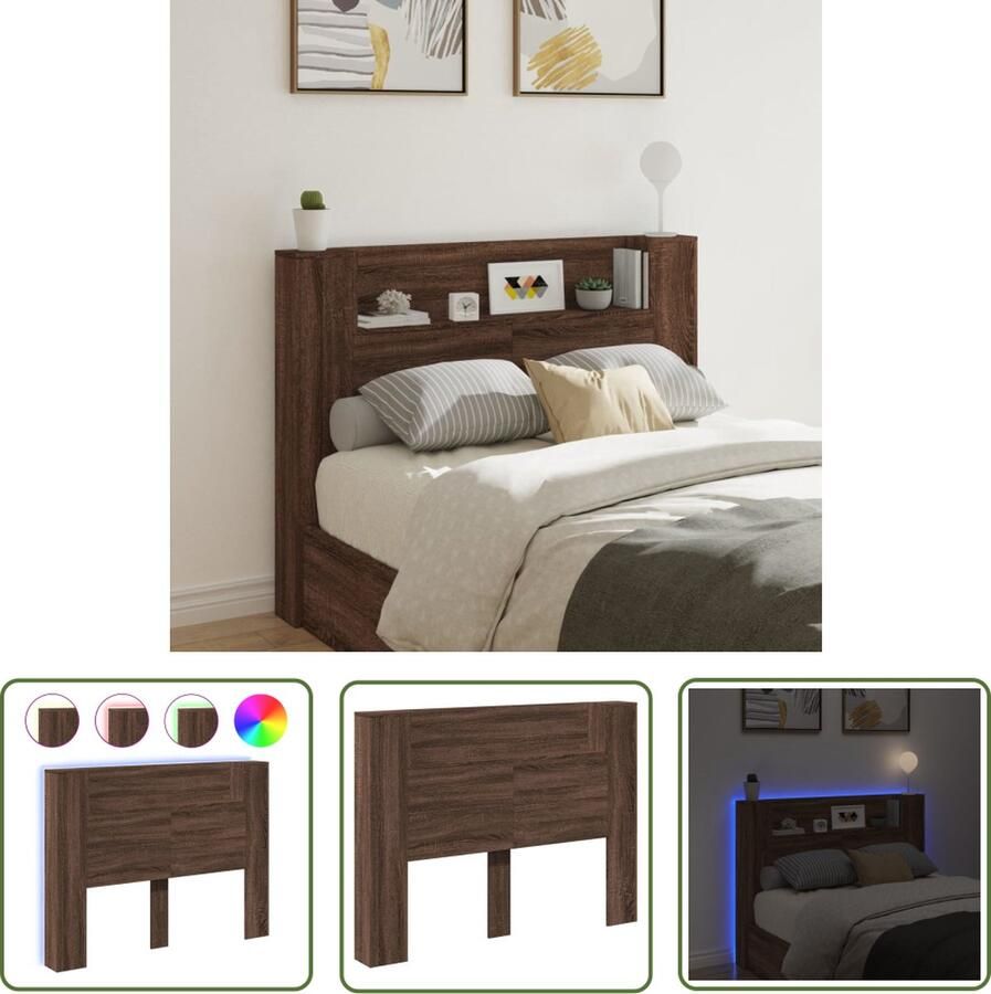The Living Store Hoofdbordkast Trendy LED RGB-verlichting 140 x 16.5 x 103.5 cm Bruineiken Bewerkt hout Hoofdbord Led Verlichting Bed Frame Bedroom Furniture Houten Hoofdbord