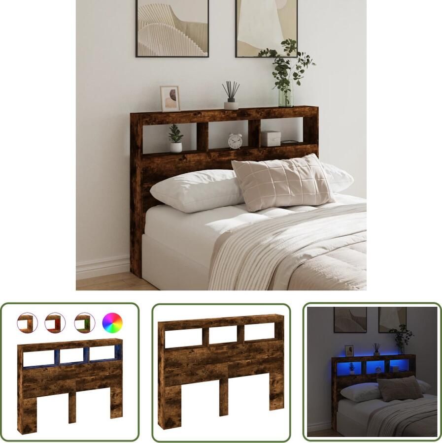 The Living Store Hoofdbordkast RGB LED-verlichting 140 x 17 x 102 cm Gerookt eiken Hoofdbord Led Verlichting Bedroom Furniture Houten Hoofdbord Rgb Licht