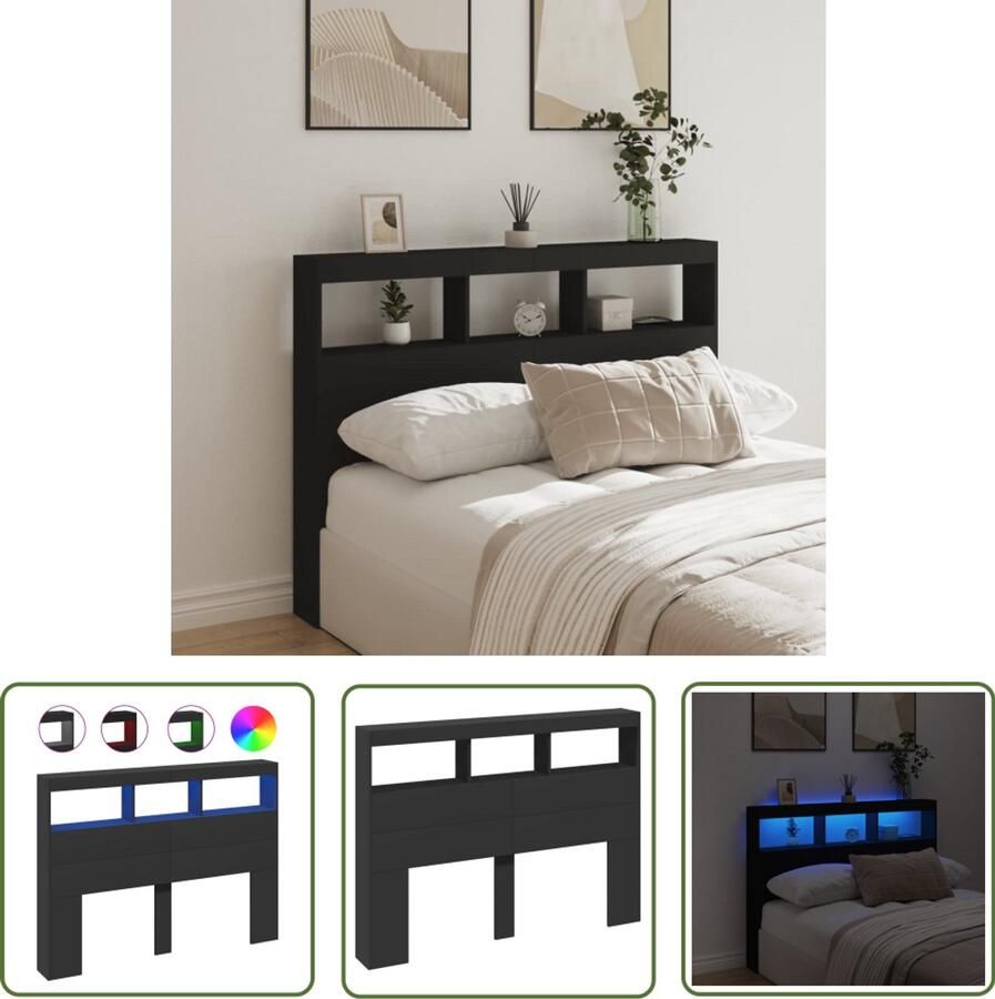 The Living Store Hoofdbordkast met LED-verlichting 140x17x102 cm zwart Hoofdbord Led Verlichting Hoofdkussen Slaapkamersdecoratie Design Hoofdbord