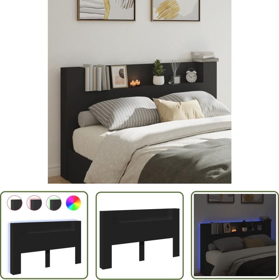 The Living Store Hoofdbordkast LED RGB Verlichting 180 x 16.5 x 103.5 cm Zwart Hoofdbord Led Verlichting Bed Frame Slaapkamers Houten Hoofdbord