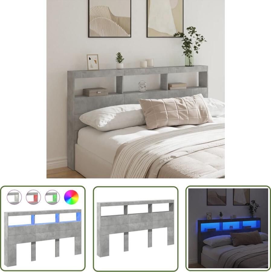 The Living Store Design Hoofdbordkast met RGB LED 180 x 17 x 102 cm Betongrijs Bewerkt hout Hoofdbord Led Verlichting Rgb Licht Betongrijs Houten Hoofdbord