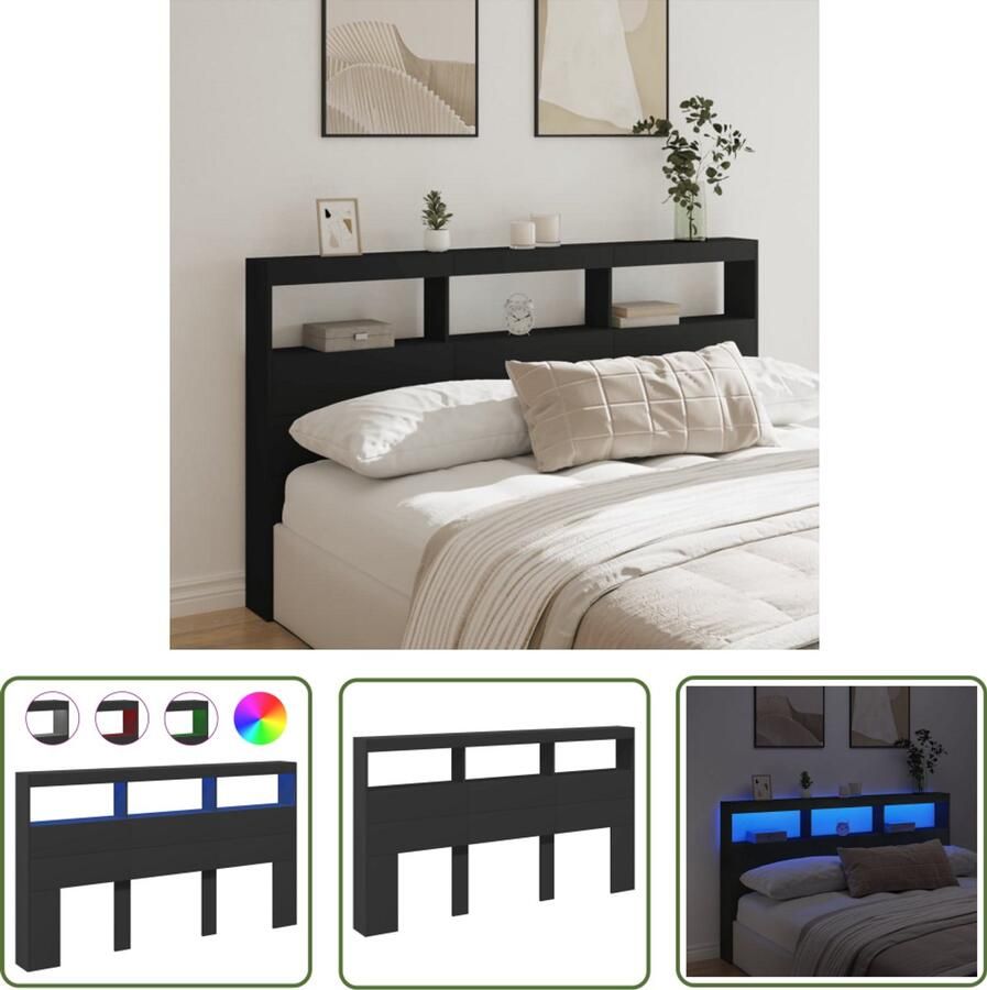 The Living Store Hoofdbordkast met LED-verlichting 180x17x102 cm zwart Hoofdbord Led Verlichting Hoofdkussen Bedroom Furniture Slaapkamers