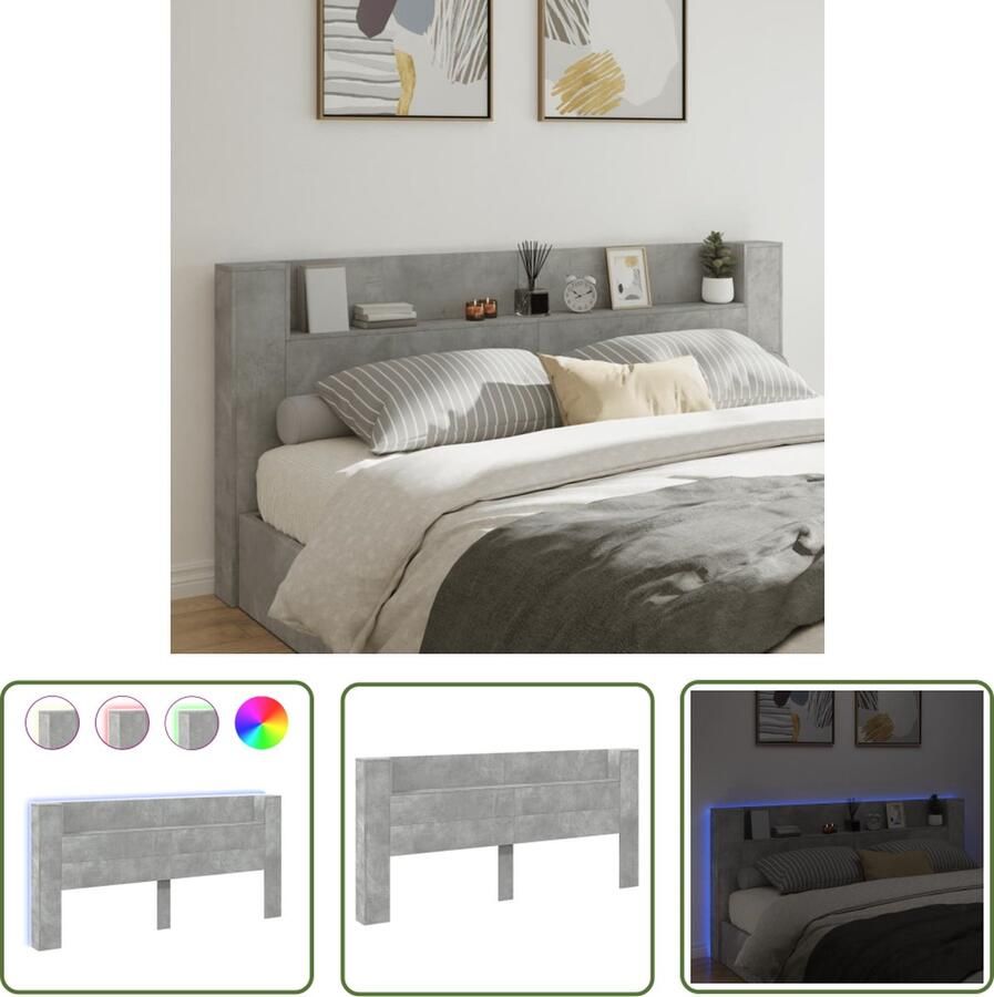 The Living Store Hoofdbordkast RGB LED-verlichting Betongrijs 220 x 16.5 x 103.5 cm Duurzaam bewerkt hout Hoofdbord Led Verlichting Hoofdkast Betongrijs Houten Hoofdbord