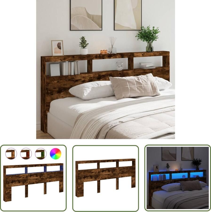 The Living Store Hoofdbordkast met LED-verlichting 220x17x102 cm gerookt eiken Hoofdbord Led Verlichting Bedroom Furniture Houten Hoofdbord Bruine Hoofdbord