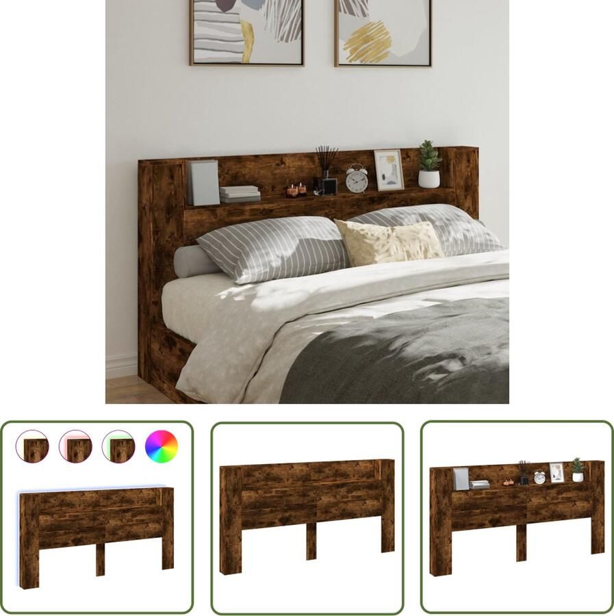 The Living Store Hoofdbordkast met LED 200x16 5x103 5 cm gerookt eikenkleurig Hoofdbord Kast Led Verlichting Rgb Licht Houten Hoofdbord Bed Frame