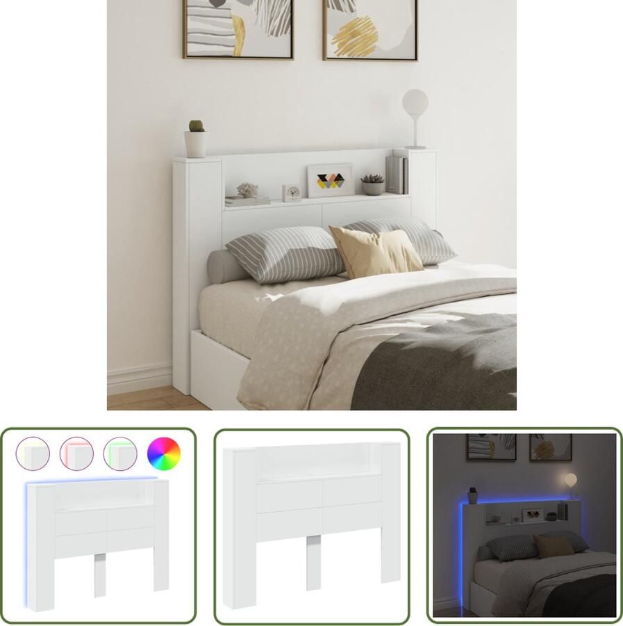 The Living Store Hoofdbordkast LED RGB-verlichting 140 x 16.5 x 103.5 cm Wit Bewerkt Hout Hoofdbord Kast Led Verlichting Rgb Licht Houten Hoofdbord Slaapkamersdecoratie