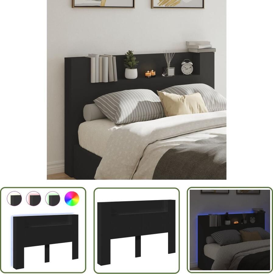 The Living Store LED Hoofdbordkast Zwart RGB Verlichting 160 x 16.5 x 103.5 cm Bewerkt Hout Hoofdbord Kast Led Verlichting Rgb Licht Bed Frame Slaap Kamer