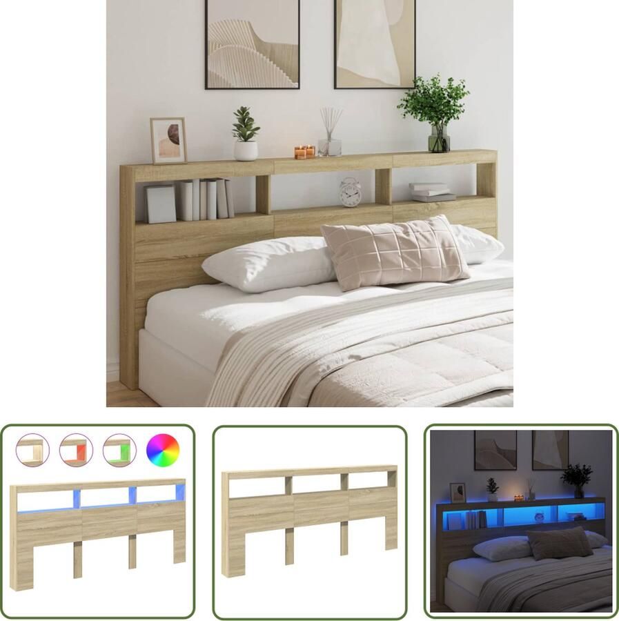 The Living Store Hoofdbordkast LED RGB-verlichting 220 x 17 x 102 cm Sonoma eiken Hoofdbord Kast Led Verlichting Rgb Verlichting Sonomap Eiken Bedroom Furniture