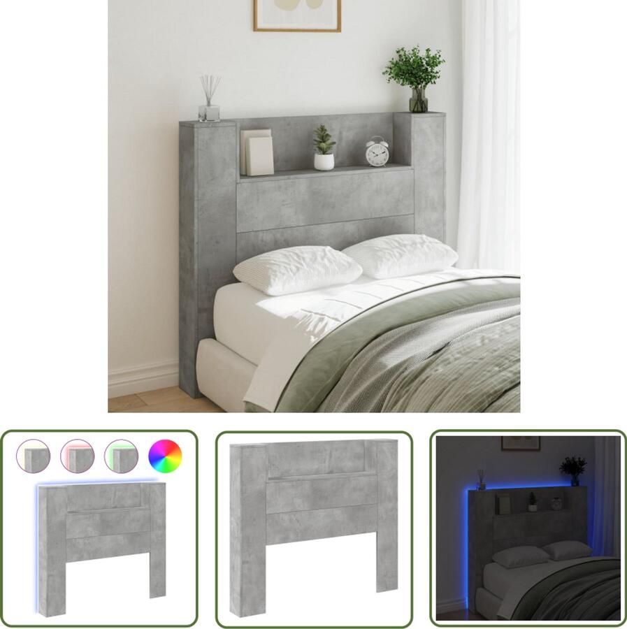 VidaXL Hoofdbordkast met LED-verlichting 120x16 5x103 5 cm betongrijs Hoofdbordkast Led Verlichting Betongrijs Houten Hoofdbord Bedroom Furniture