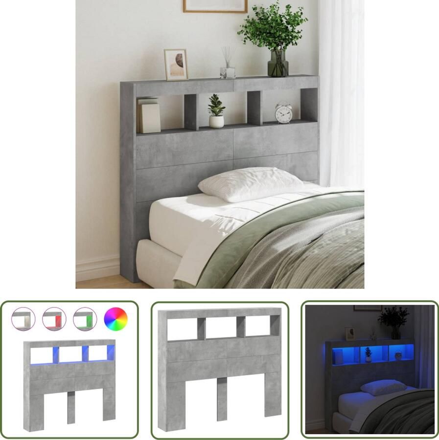 VidaXL Hoofdbordkast met LED-verlichting 120x17x102 cm betongrijs Hoofdbordkast Led Verlichting Betongrijs Houten Hoofdbord Slaapkamerstijl