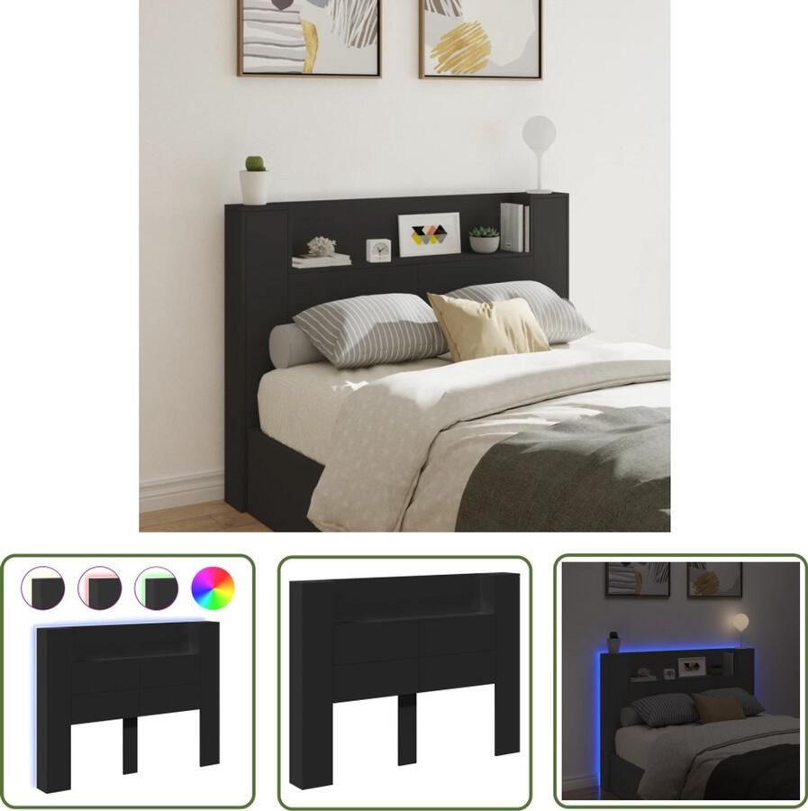 The Living Store Hoofdbordkast met LED-verlichting 140x16 5x103 5 cm zwart Hoofdbordkast Led Verlichting Houten Hoofdbord Slaapkamerdecoratie Black Furniture