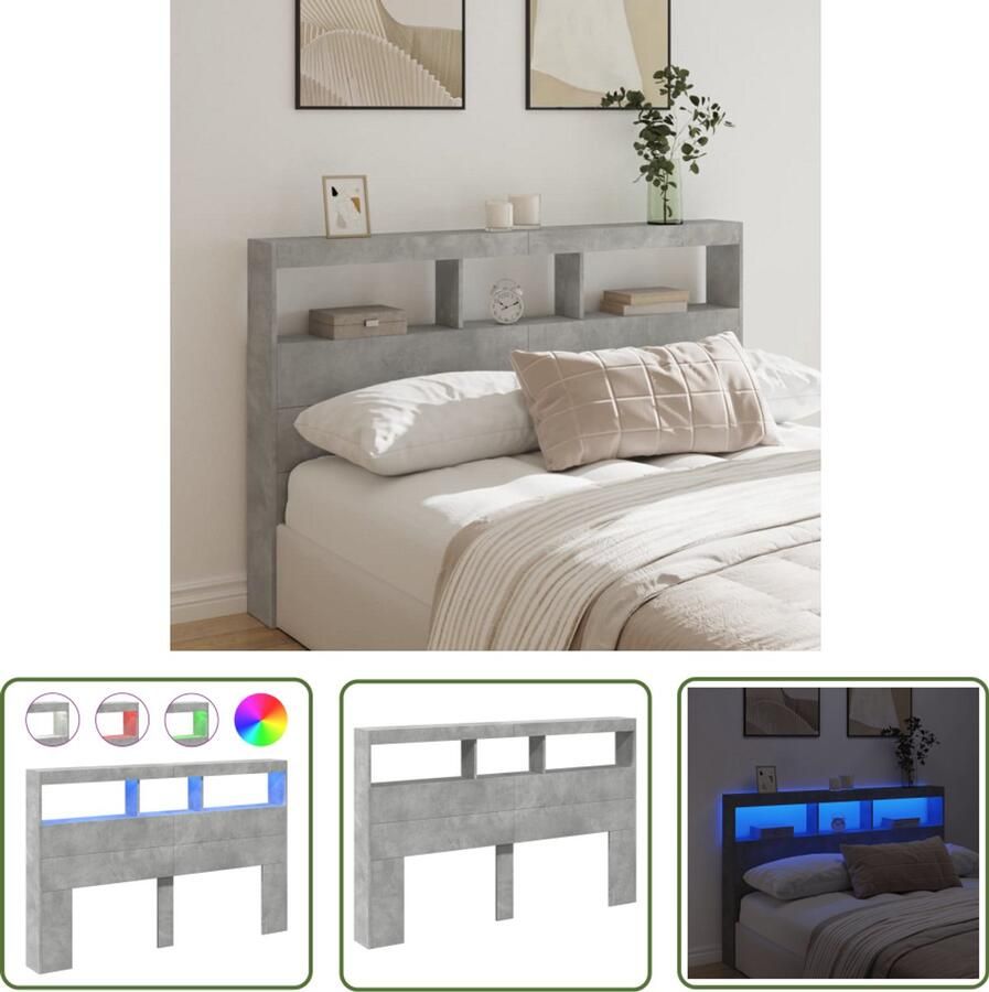 The Living Store Hoofdbordkast RGB LED-verlichting 160 x 17 x 102 cm Betongrijs Hoofdbordkast Led Verlichting Rgb Licht Betongrijs Houten Hoofdbord