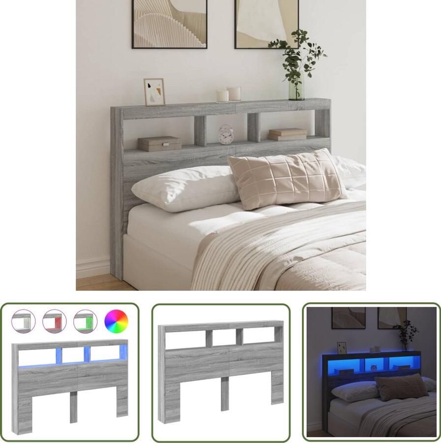 The Living Store Hoofdbordkast met LED-verlichting 160x17x102 cm grijs sonoma Hoofdbordkast Led Verlichting Bedroom Furniture Grey Headboard Houten Hoofdbord