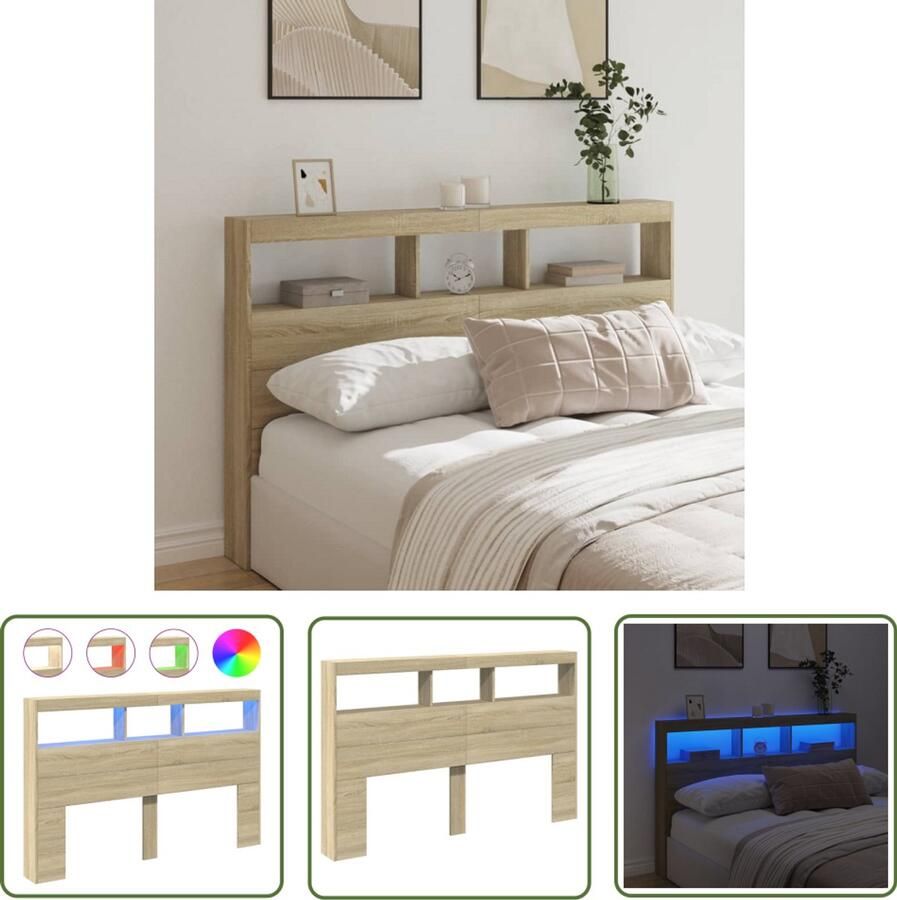 VidaXL Hoofdbordkast met LED-verlichting 160x17x102 cm sonoma eiken Hoofdbordkast Led Verlichting Hoofdbord Bedroom Furniture Slaapkamers