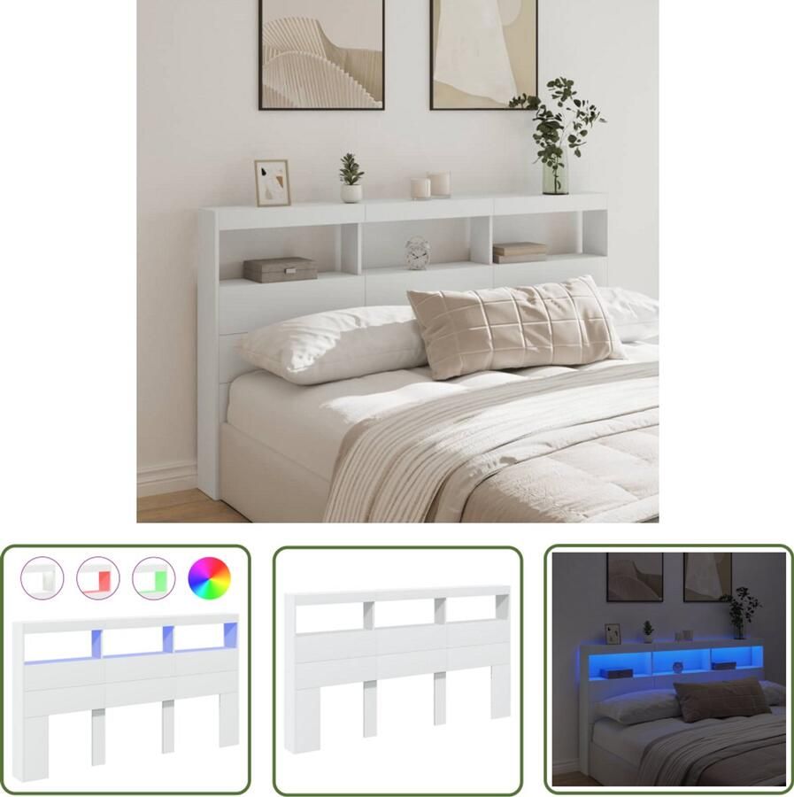 The Living Store Hoofdbordkast met LED-verlichting 180x17x102 cm wit Hoofdbordkast Led Verlichting Houten Hoofdbord Slaapkamersdecoratie Bedroom Furniture