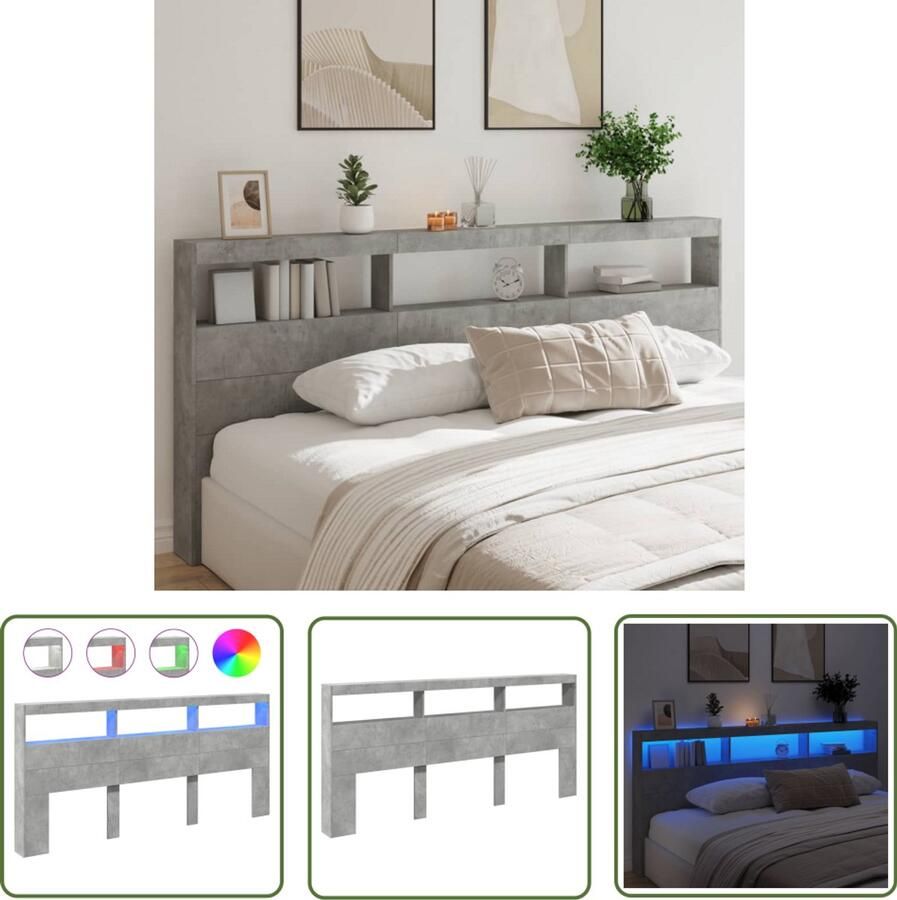 The Living Store Hoofdbordkast met LED-verlichting 220x17x102 cm betongrijs Hoofdbordkast Led Verlichting Betongrijs Slaapkamermeubilair Houten Hoofdbord