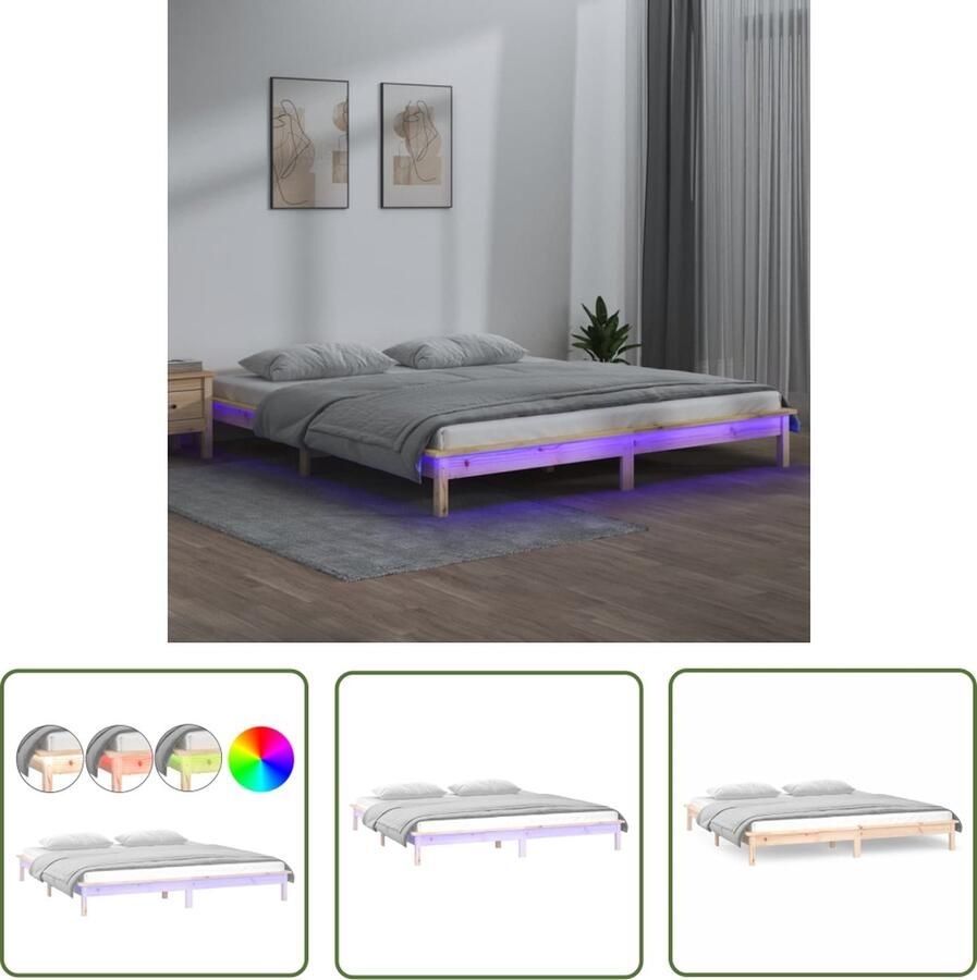 The Living Store Houten Bedframe LED-verlichting Grenenhout Stabiel 140x190 cm Houten Bedframe Led Verlichting Grenenhout Stapelbaar Bed Slaapcomfort