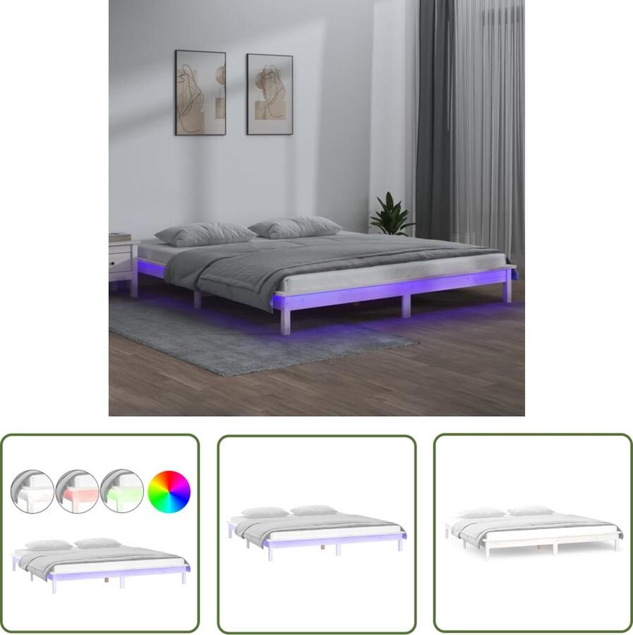 The Living Store Houten Bedframe LED-verlichting 202 x 151.5 x 26 cm Massief grenenhout Houten Bedframe Led Verlichting Massief Grenenhout Enkelpersoonsbed Witte Bedframe