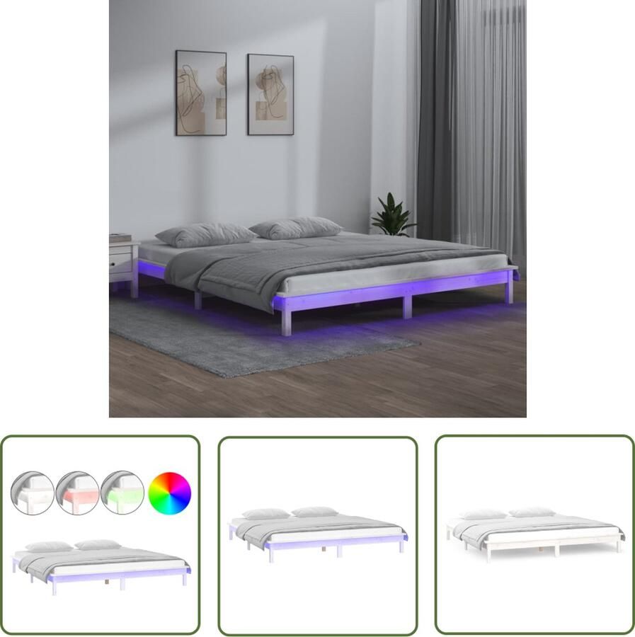 VidaXL Led Verlichting Houten Bedframe LED massief hout wit 150x200 cm Tweepersoons Bed King Size Bed Massief Grenenhout