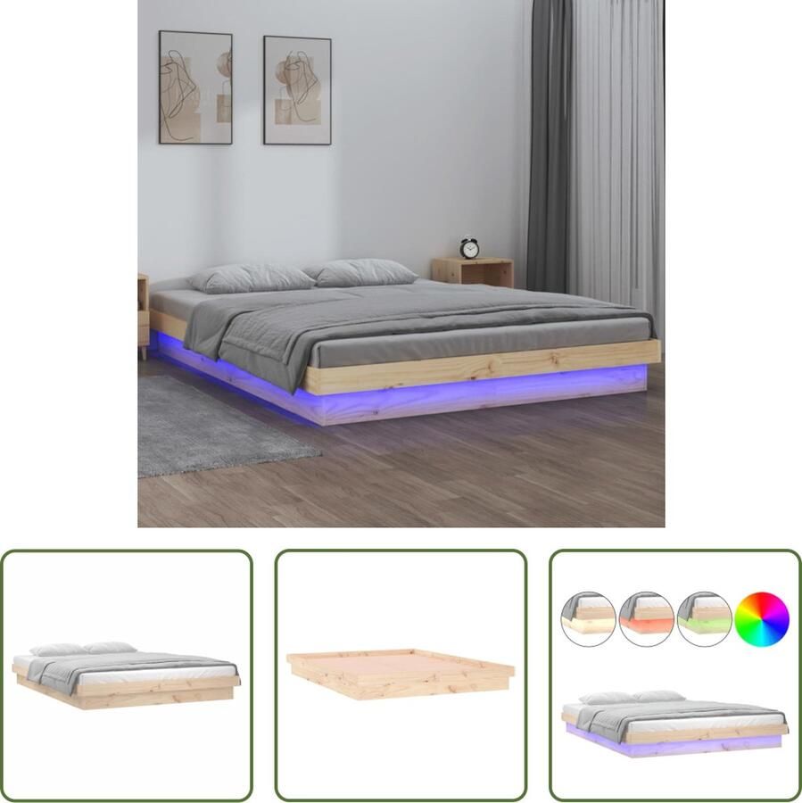 The Living Store bedframe Klassiek LED-verlichting Massief grenenhout 204 x 123.5 x 21 cm Klassieke Bedframe Led Verlichting Grenenhout Bed Hout Bed Slaap Kamer Decoratie