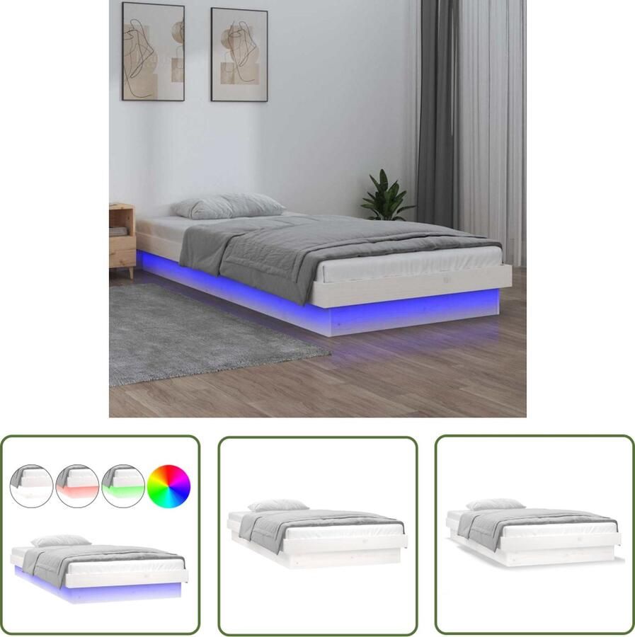 The Living Store Klassiek bedframe Hoogte 21 cm Met kleurrijke LED-verlichting Massief grenenhout Klassieke Bedframe Led Verlichting Hout Bedframe Grenenhout Bed Wit Bedframe