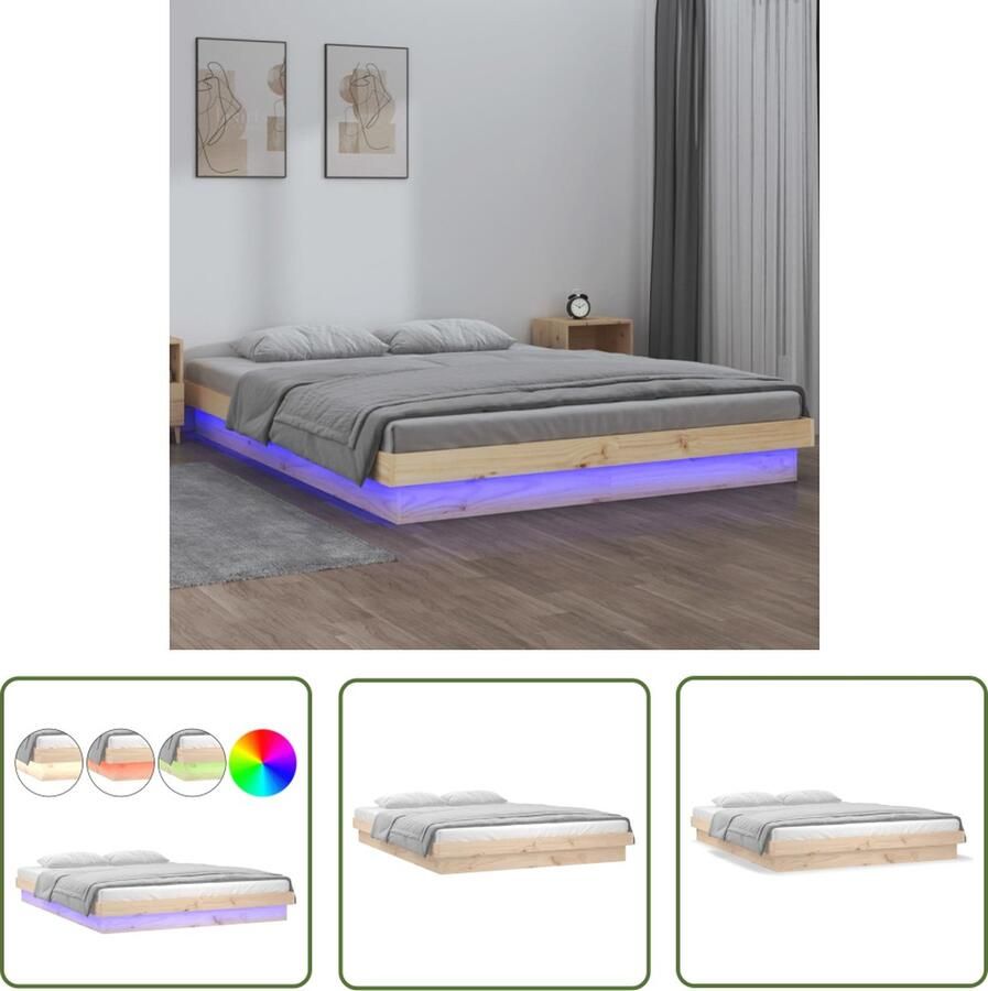 The Living Store Massief Grenenhouten Bedframe LED-verlichting 204x203.5x21 cm Met USB-aansluiting Massief Houten Bed Led Verlichting Bed Frame Granenhout Bed Usb Aansluiting