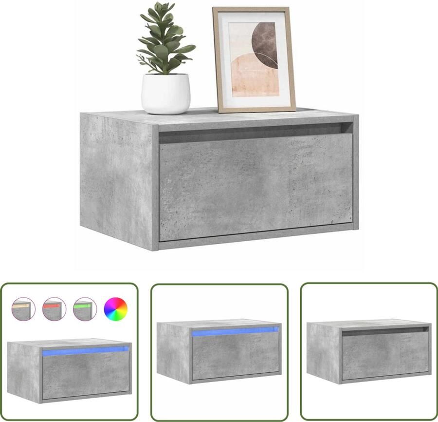 The Living Store Nachtkastje met LED's wandgemonteerd betongrijs Nachtkast Led Verlichting Wandmontage Betonnen Grijs Houten Kast