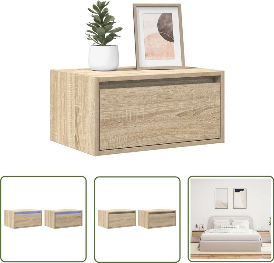 The Living Store Nachtkastjes met LED wandgemonteerd 2 st sonoma eikenkleurig Nachtkast Led Verlichting Wandmontage Sonoma Eiken Houten Kast