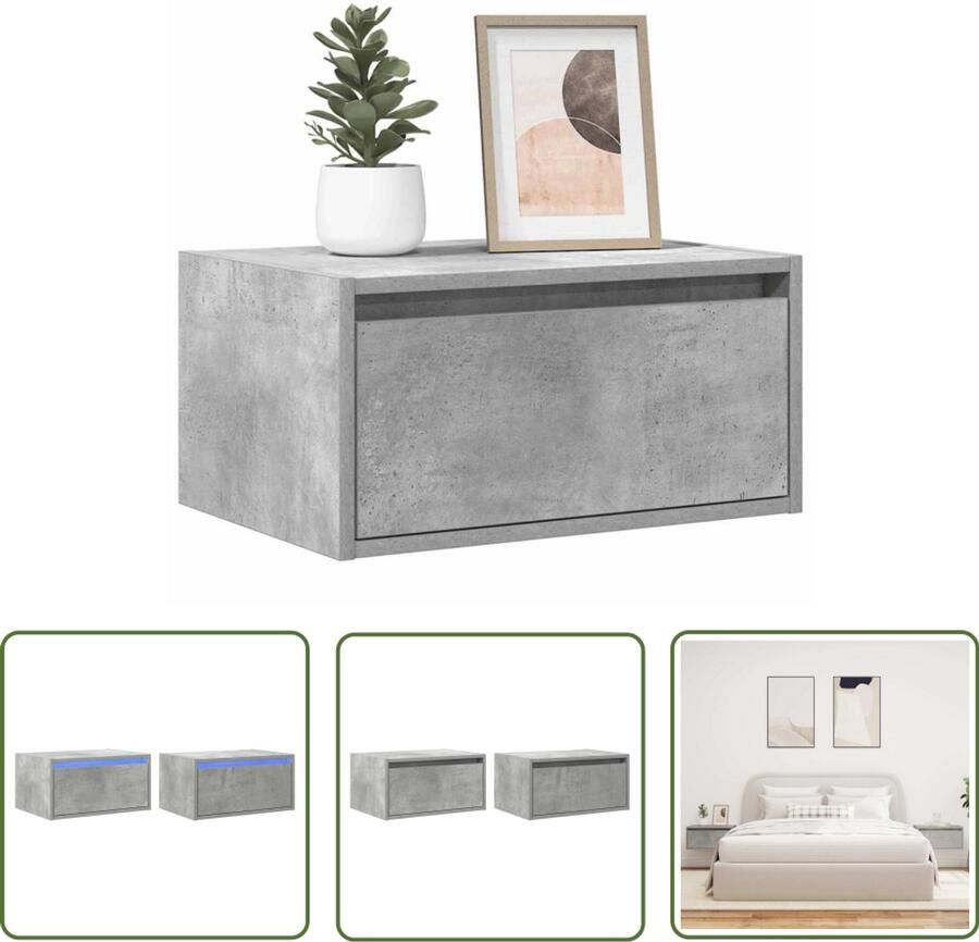 The Living Store Nachtkastjes met LED's 2 st wandgemonteerd betongrijs Nachtkast Led Verlichting Wandlamp Slaapkamervloeren Meubels
