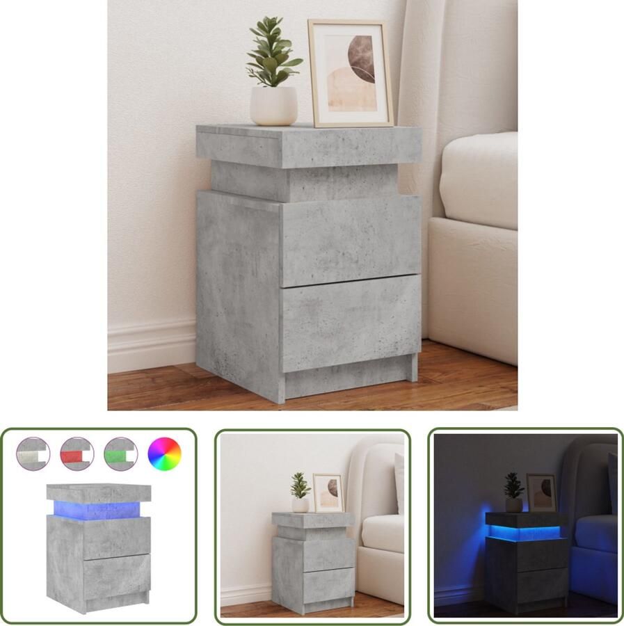 The Living Store Nachtkastje met LED-verlichting 35x39x55 cm betongrijs Nachtkastje Led Verlichting Slaapkamers Houten Kast Betonnen Grijs