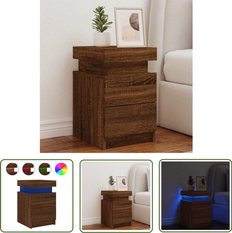 The Living Store Nachtkastje met LED-verlichting 35x39x55 cm bruin eikenkleur Nachtkastje Led Verlichting Bedroom Furniture Houten Kast Bruine Eiken