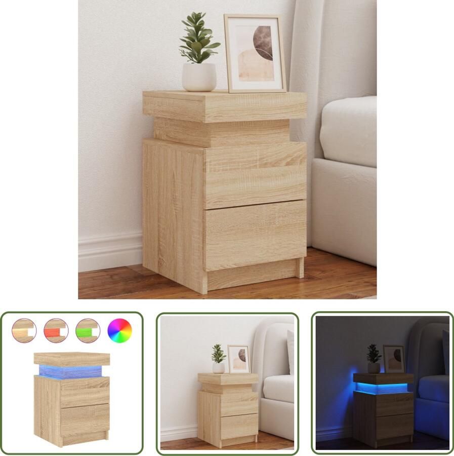 The Living Store Nachtkastje met LED-verlichting 35x39x55 cm sonoma eikenkleurig Nachtkastje Led Verlichting Slaapkamerstijl Houten Kast Bruine Kast