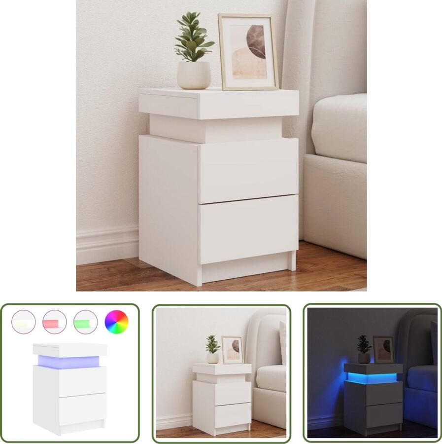 The Living Store Nachtkastje met LED-verlichting 35x39x55 cm wit Nachtkastje Led Verlichting Slaapkamerstijl Houten Kast Modern Design