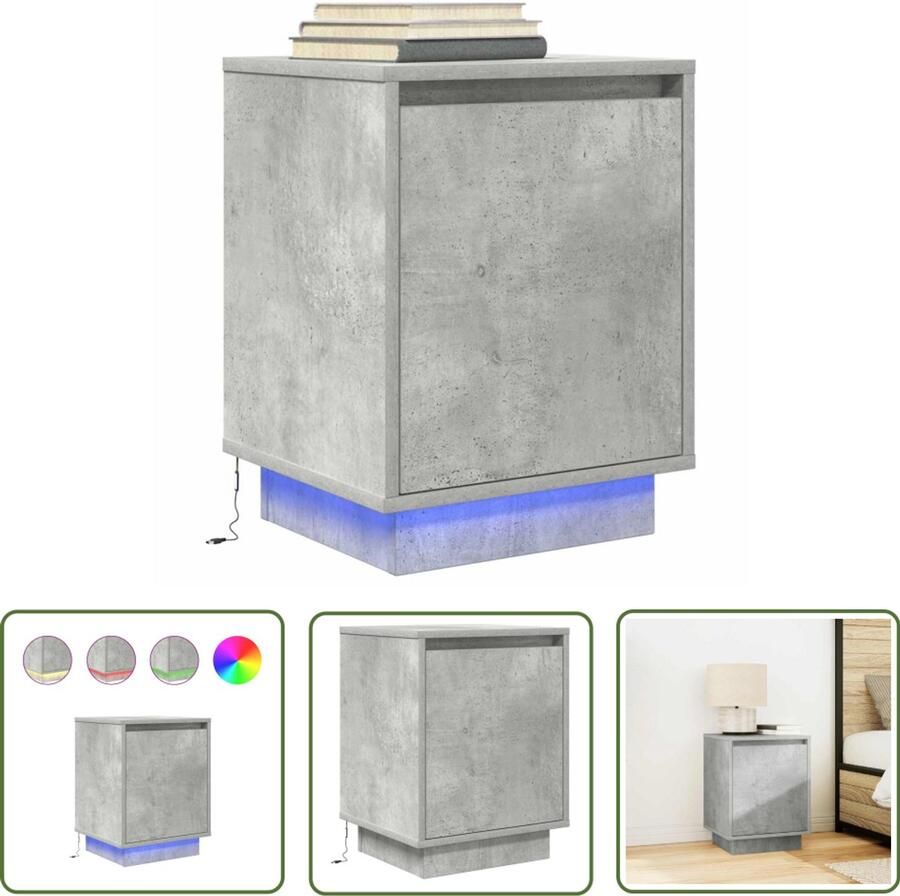 The Living Store Nachtkastje met LED-verlichting 38x34x50 cm betongrijs Nachtkastje Led Verlichting Slaapkamer Houten Kast Opbergkast