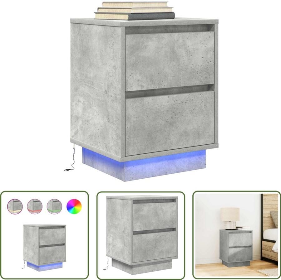 VidaXL Nachtkastje met LED-verlichting 38x34x50 cm betongrijs Nachtkastje Led Verlichting Betongrijs Slaapkamer Opbergkast