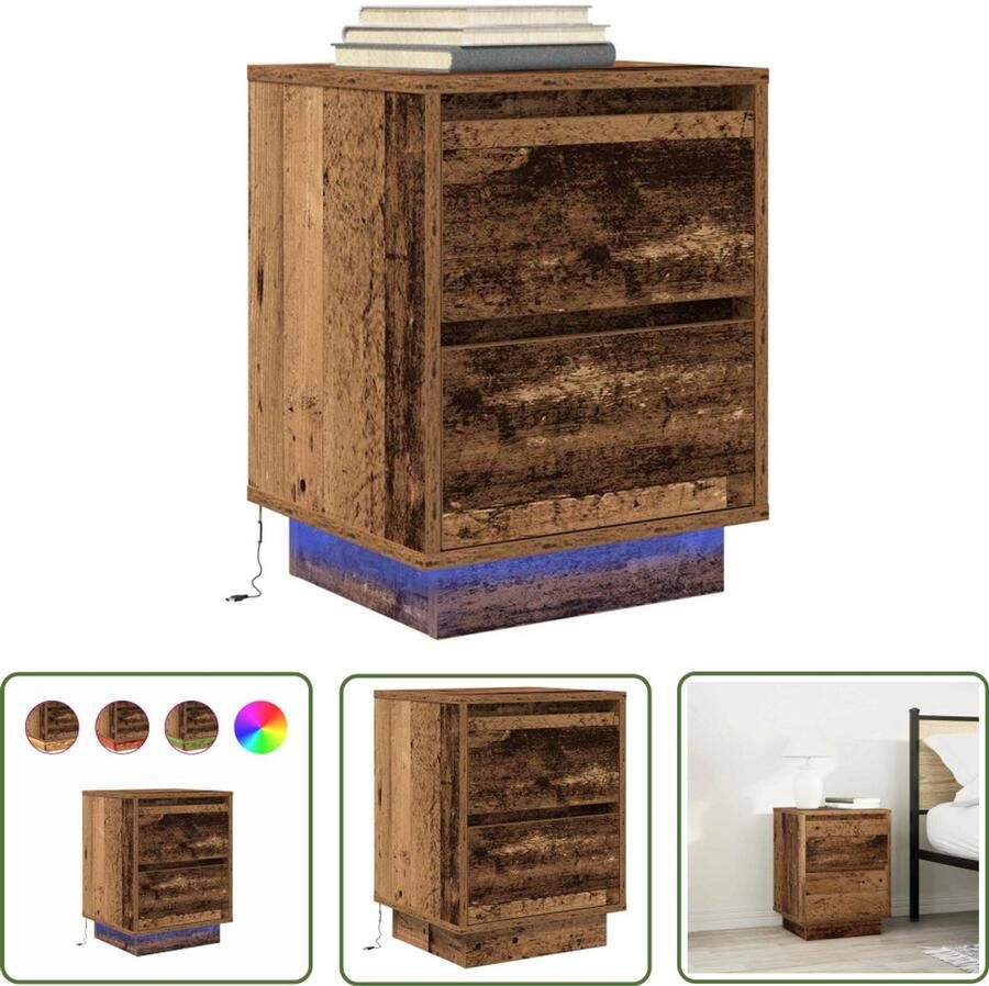 The Living Store Nachtkastje met LED-verlichting 38x34x50 cm oud hout Nachtkastje Led Verlichting Houten Kast Slaapkamersfeer Opbergkast