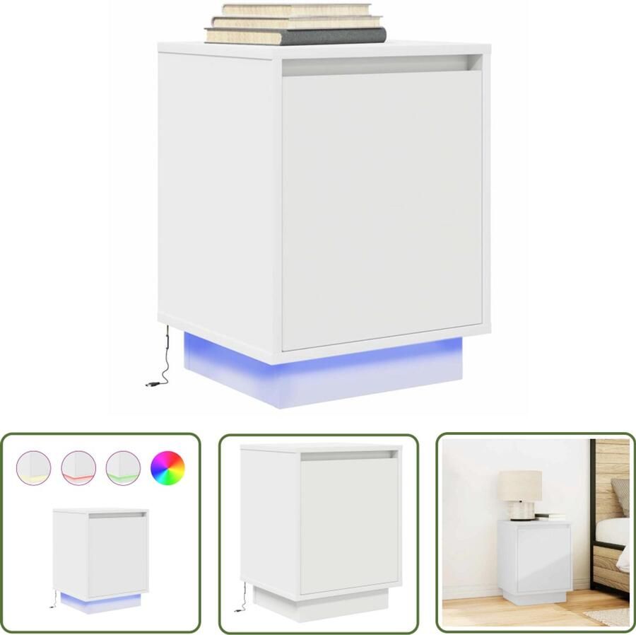 The Living Store Nachtkastje met LED-verlichting 38x34x50 cm wit Nachtkastje Led Verlichting Slaapkamer Kastje Houten Nachtlamp