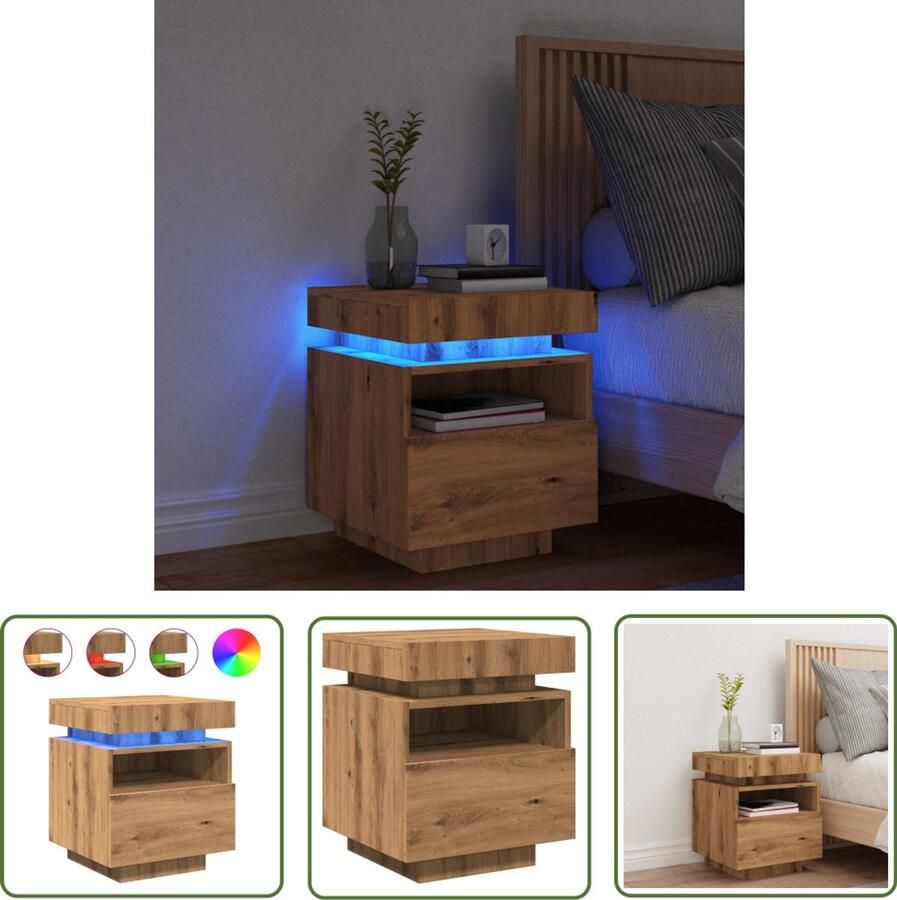 The Living Store Nachtkastje met LED-verlichting 40x39x48 5 cm artisanaal eiken Nachtkastje Led Verlichting Slaapkamer Kastje Houten Kast Opbergkast