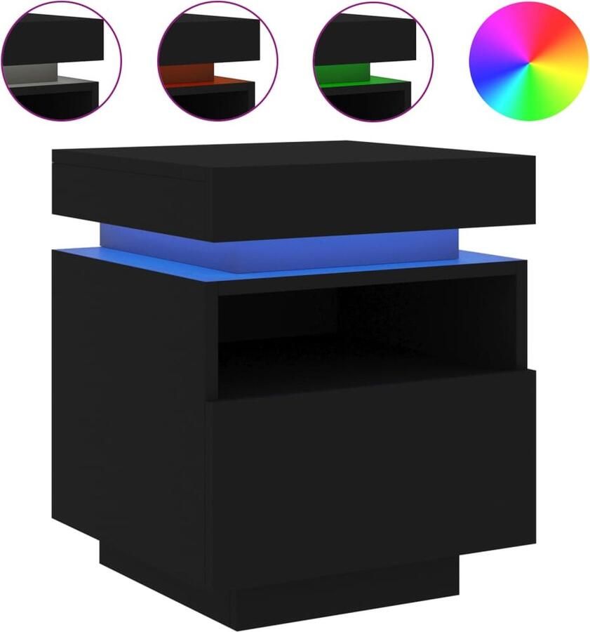 The Living Store Nachtkastje met LED-verlichting 40x39x48 5 cm zwart Nachtkastje Led Verlichting Slaapkamermeubel Houten Meubilair Black Furniture - Foto 2