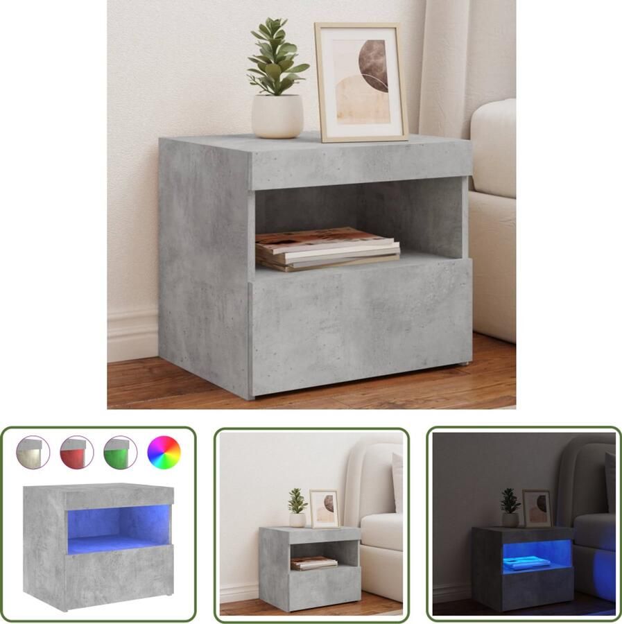 The Living Store Nachtkastje met LED-verlichting 50x40x45 cm betongrijs Nachtkastje Led Verlichting Betongrijs Houten Kast Slaapkamerstijl