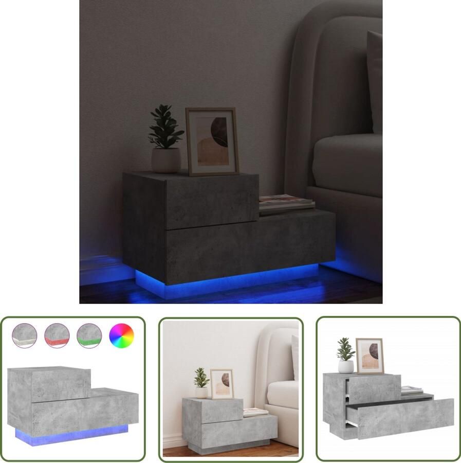 The Living Store Nachtkastje met LED-verlichting 70x36x40 5 cm betongrijs Nachtkastje Nachtkastjes Nachtkastje Met LED Nachtkastje Met LED-verlichting