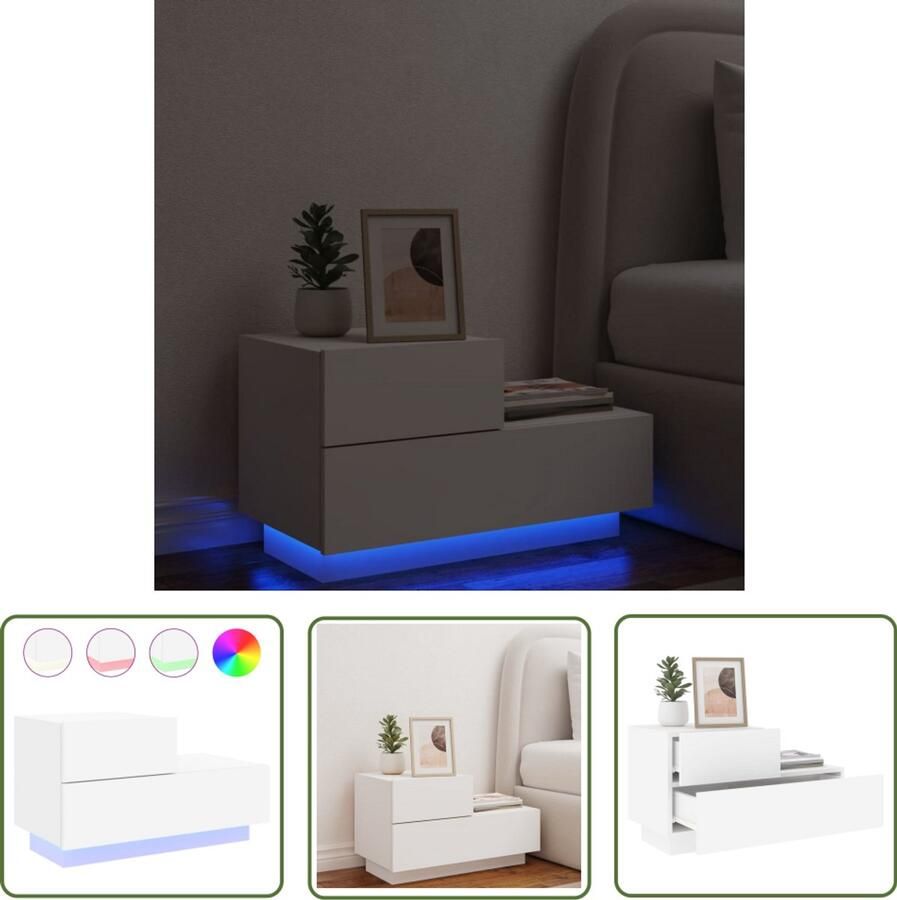 VidaXL Nachtkastje met LED-verlichting 70x36x40 5 cm wit Nachtkastje Led Verlichting Slaapkamermeubilair Houten Kast Wit Nachtlampje