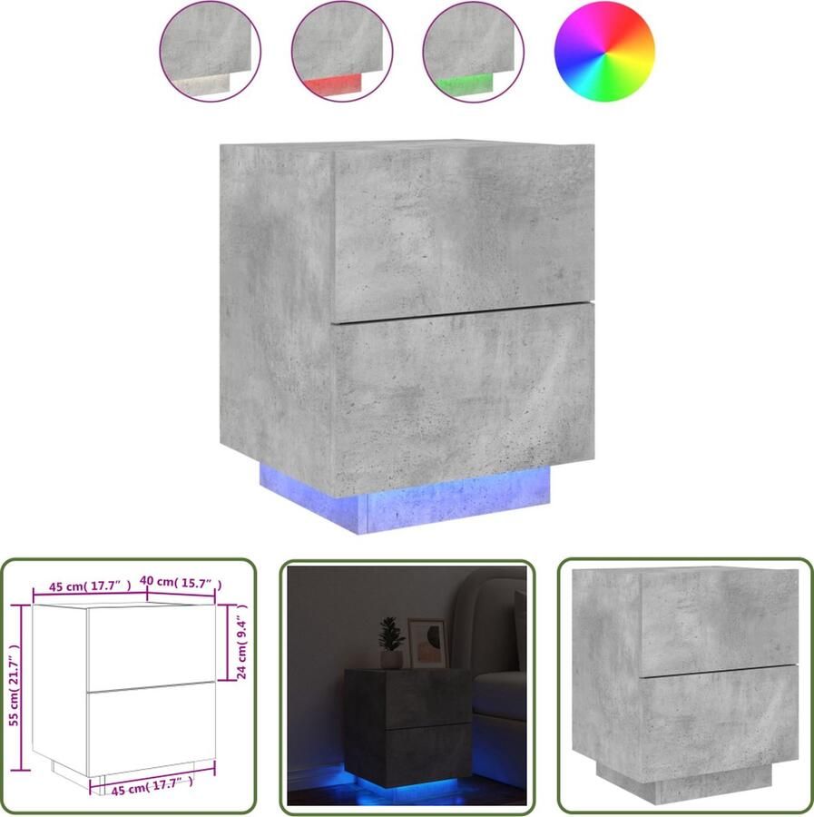 The Living Store Nachtkastje Betongrijs 45 x 40 x 55 cm Met LED-verlichting 2 lades Nachtkastje Led Verlichting Beton Grijs Slaapkamerdecoratie Houten Meubel