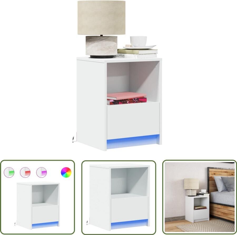 VidaXL Nachtkastje met LED-verlichting bewerkt hout wit Nachtkastje Led Verlichting Houten Nachtlamp Nachtkastje Met Lade Slaapkamerdecoratie