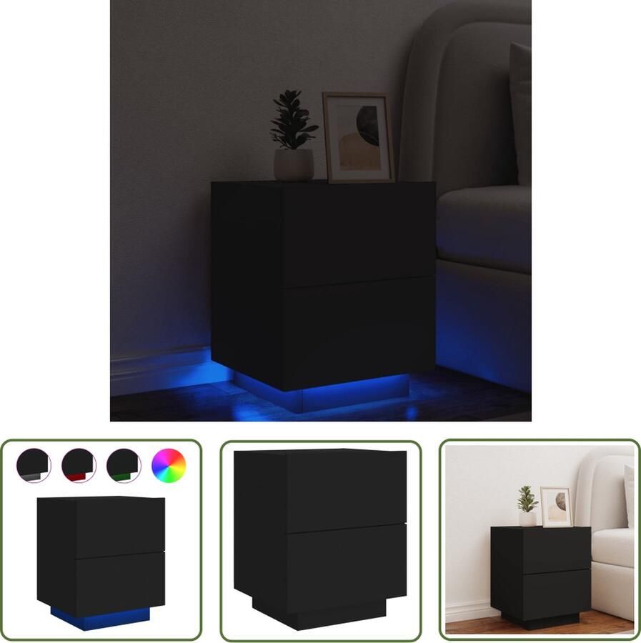 The Living Store Nachtkastje LED verlichting 45 x 40 x 55 cm Zwart Bewerkt hout Nachtkastje Led Verlichting Houten Nachtkastje Black Furniture Slaapkamersdecoratie