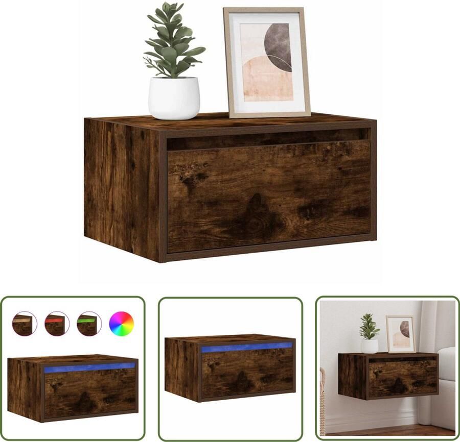 The Living Store Nachtkastje met LED's wandgemonteerd gerookt eikenkleurig Nachtkastje Led Verlichting Wandmontage Houten Kast Slaapkamerr