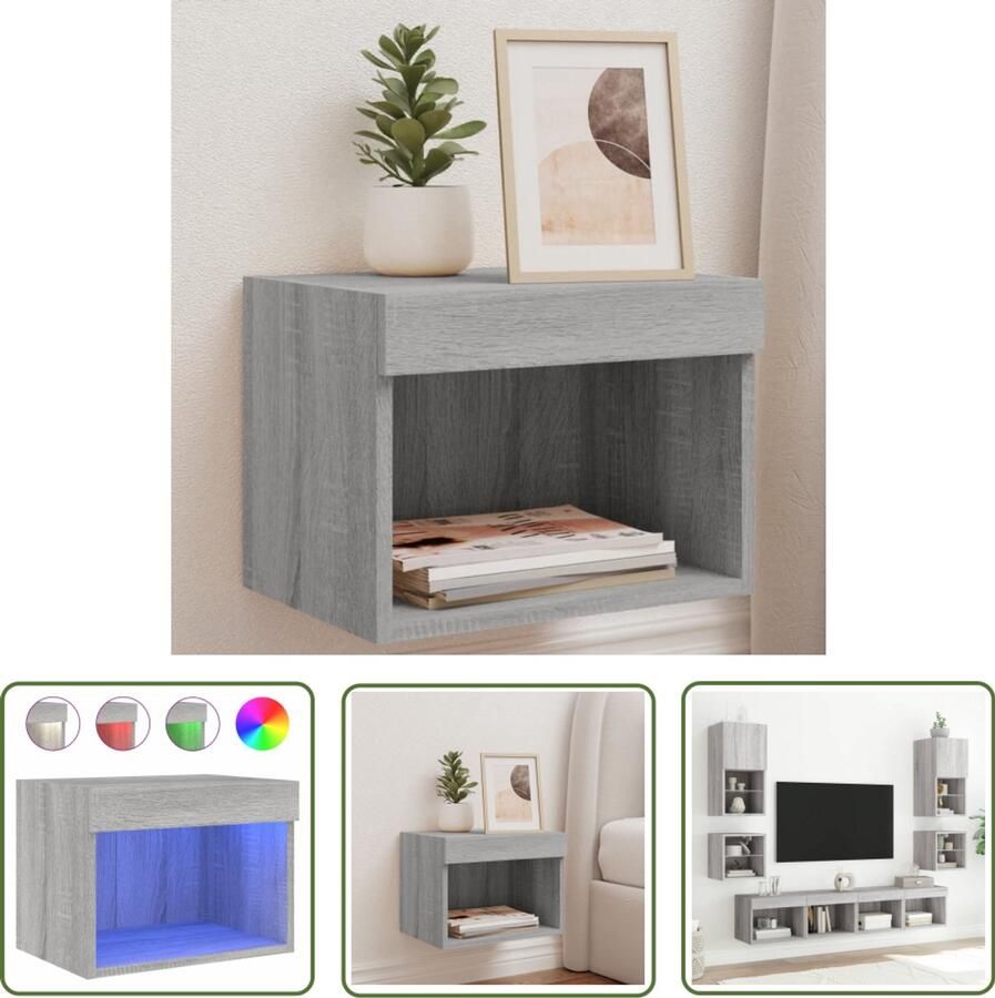 The Living Store Nachtkastje met LED's wandgemonteerd grijs sonoma eikenkleurig Nachtkastje Led Verlichting Slaapkamerinrichting Grijze Meubels Houten Meubels