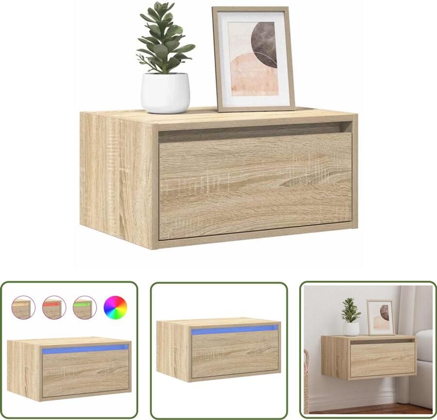 The Living Store Nachtkastje met LED's wandgemonteerd sonoma eikenkleurig Nachtkastje Led Verlichting Wandmontage Sonoma Eiken Opbergkast
