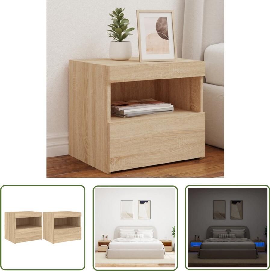 The Living Store Nachtkastjes met LED 2 st 50x40x45 cm sonoma eikenkleurig Nachtkastjes Led Verlichting Sonoma Eiken Bedroom Furniture Houten Meubels